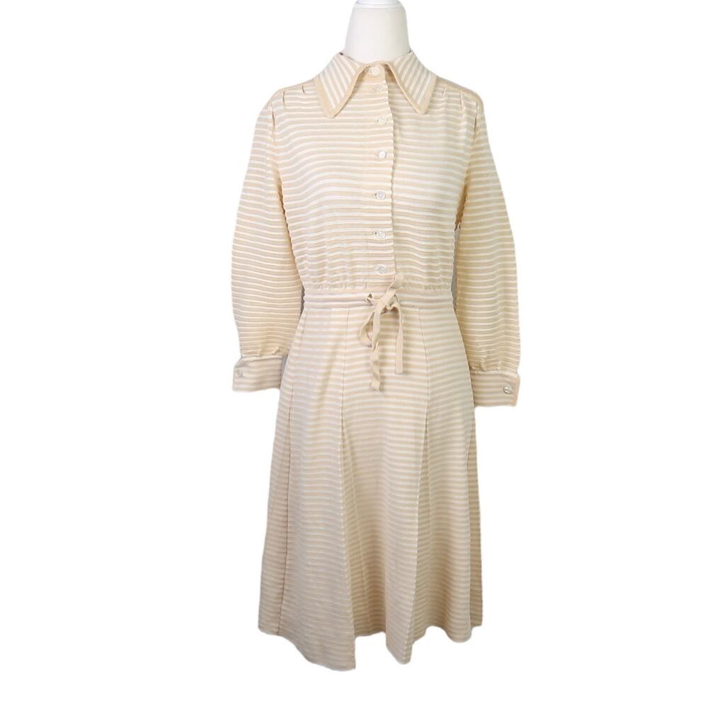 Vintage 70s cream and tan stripe ribbed knit sweater shirt mini dress S